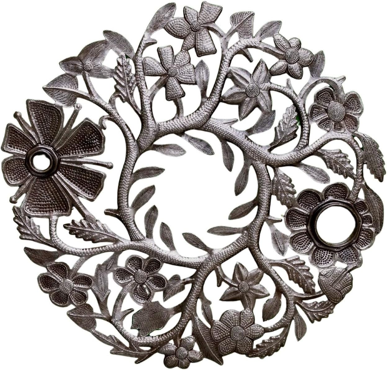 Organic Floral Wreath, Haitian Metal, Handmade Recycled Steel, Metal Hanging Home Decor, 23 x 23 Inches