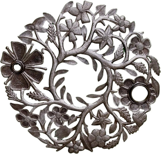 Organic Floral Wreath, Haitian Metal, Handmade Recycled Steel, Metal Hanging Home Decor, 23 x 23 Inches