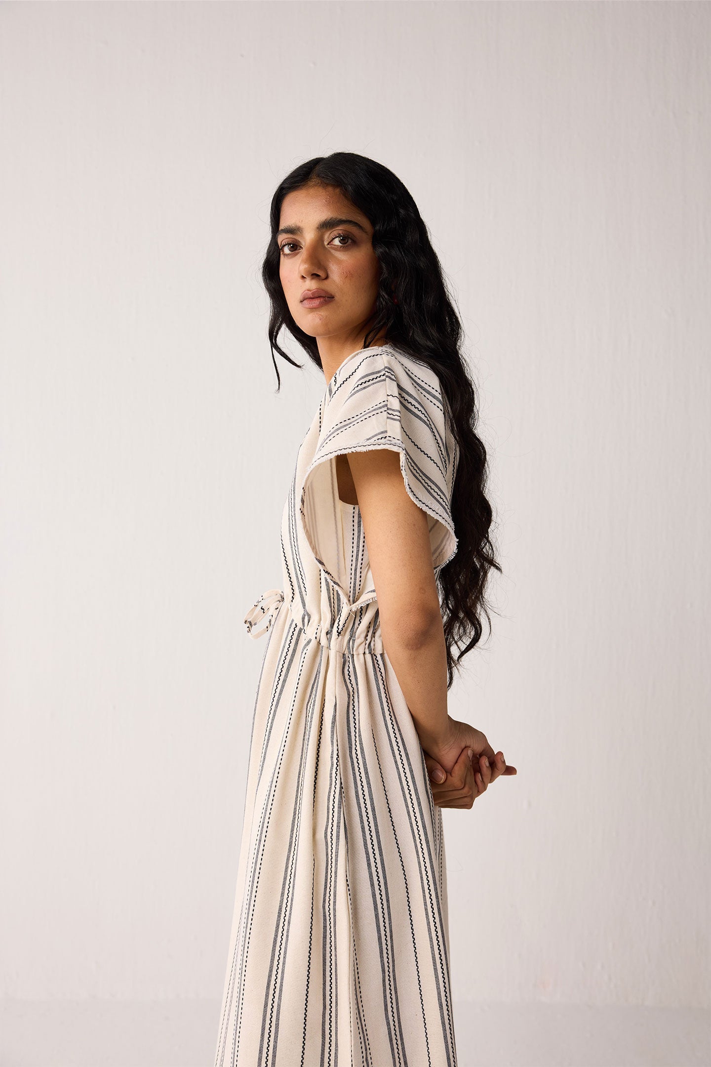 Maxi Gathered Dress with Side Slits in Stripes