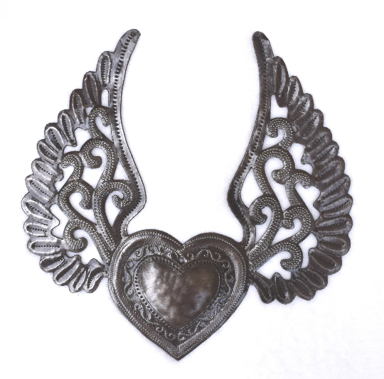 Winged Heart, Hand made Haitian Metal  Folk Art 8"x 8"