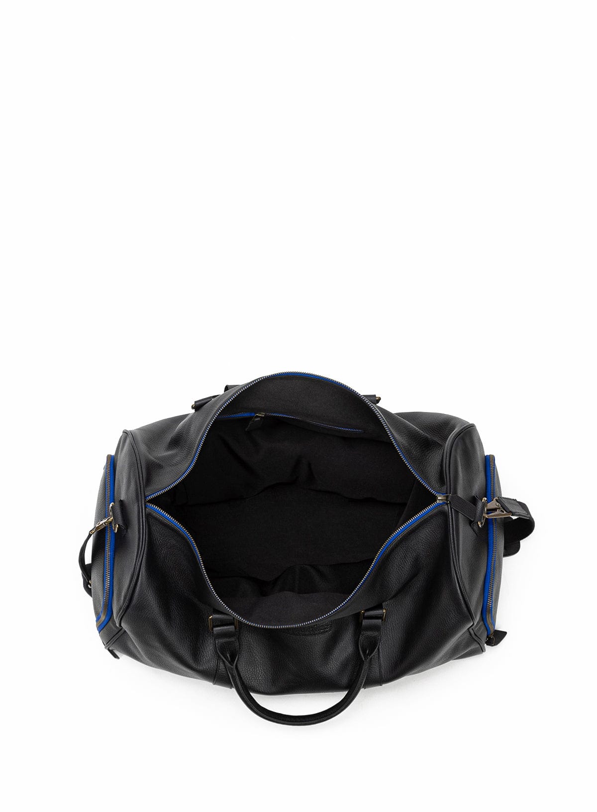 Black leather duffel bag with blue accents on a white background