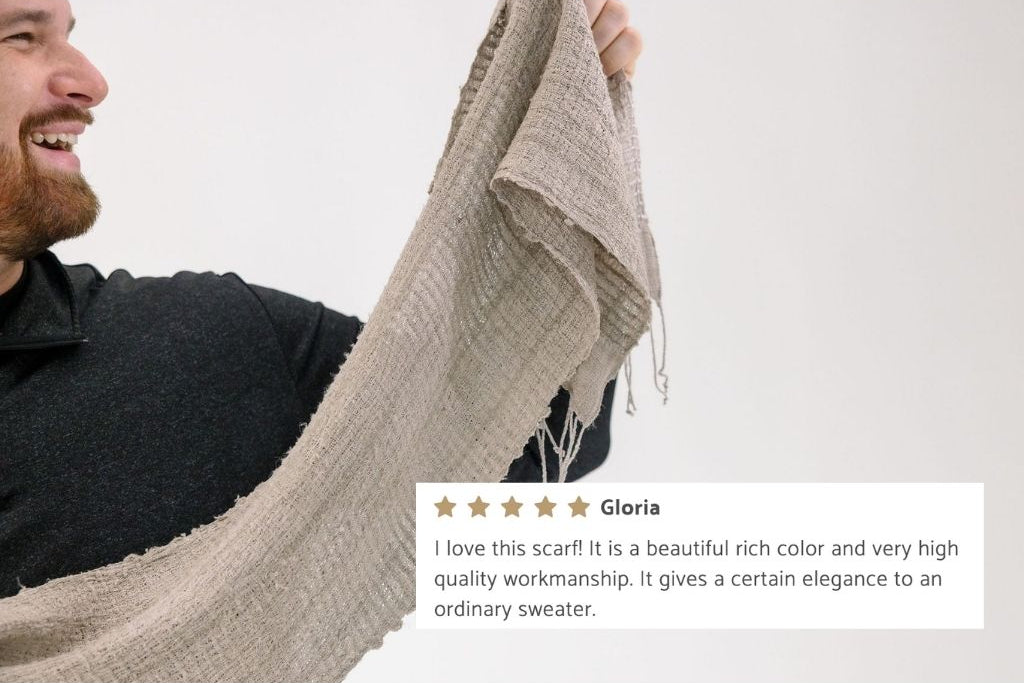 model holding queen saba scraf uin silver with five star customer review