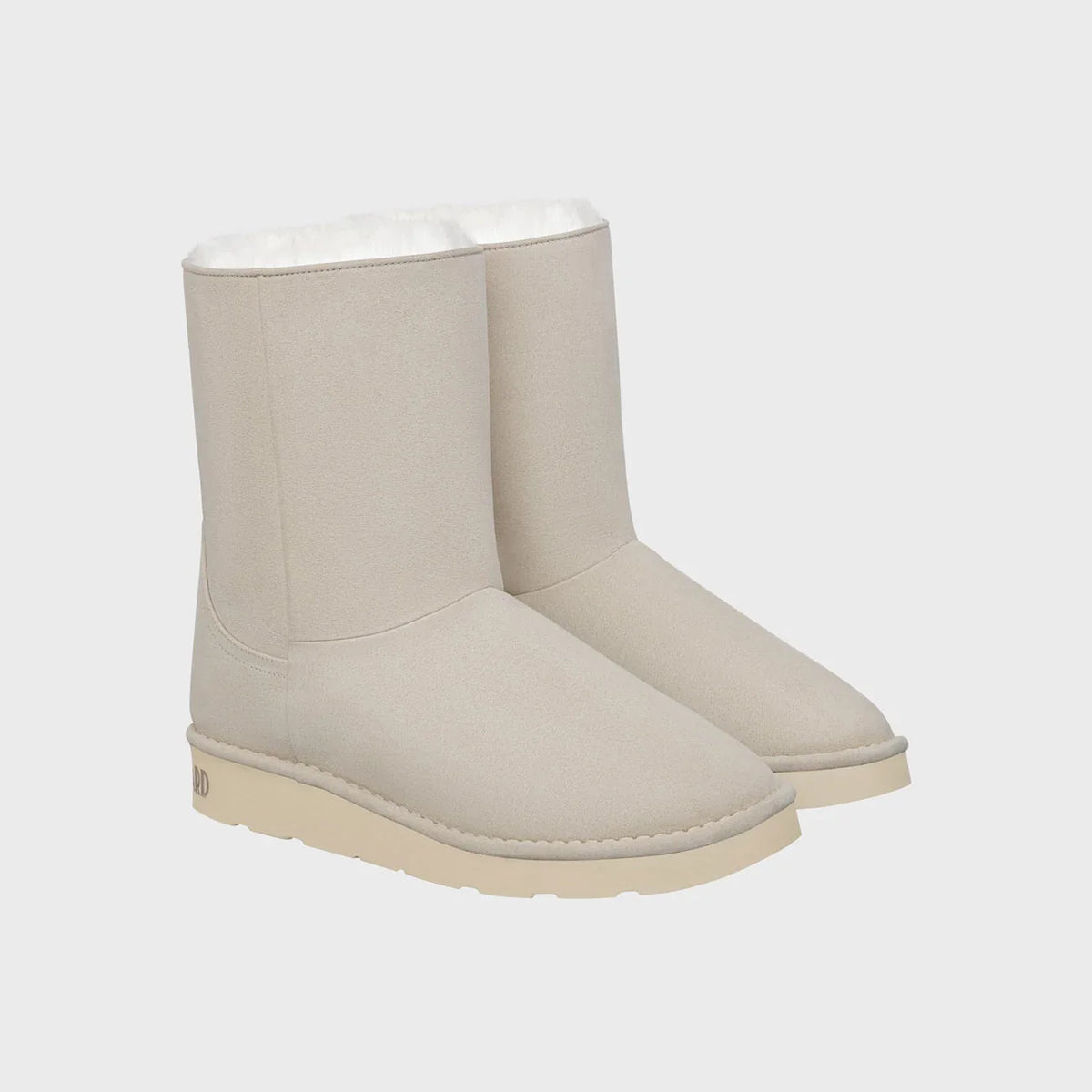 Off-white mid-calf vegan boots with faux fur trim