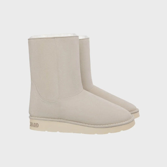 Off-white vegan mid-calf boots with faux fur lining