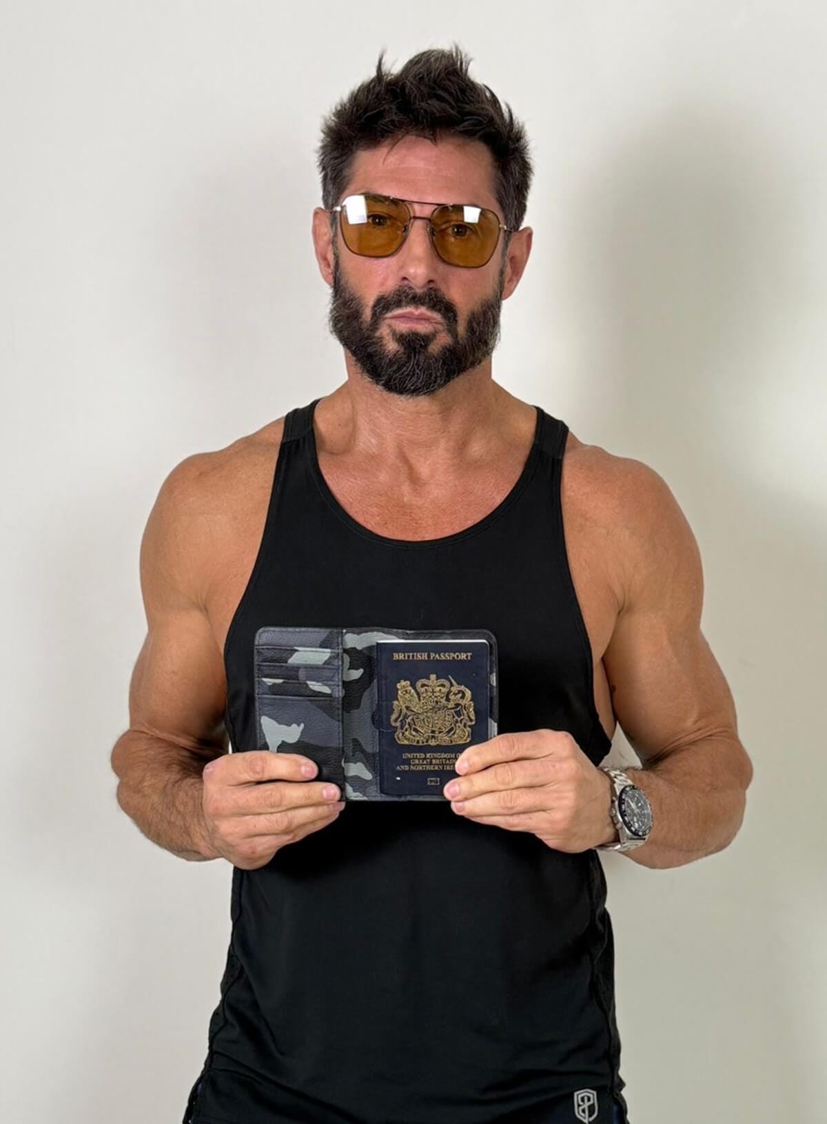 Man holding a passport with a white background