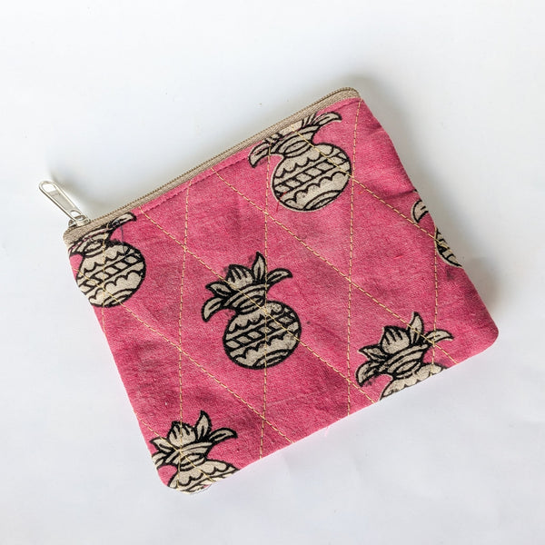 Indian Kalamkari Cotton Coin Purses with Upcycled Sari Lining