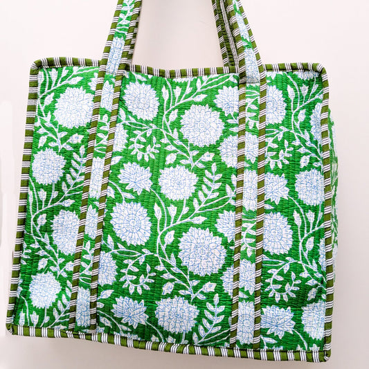 Quilted Market Tote Bags: Colourful Screen Printed Kantha Tote Bags, Ethically Handmade in India