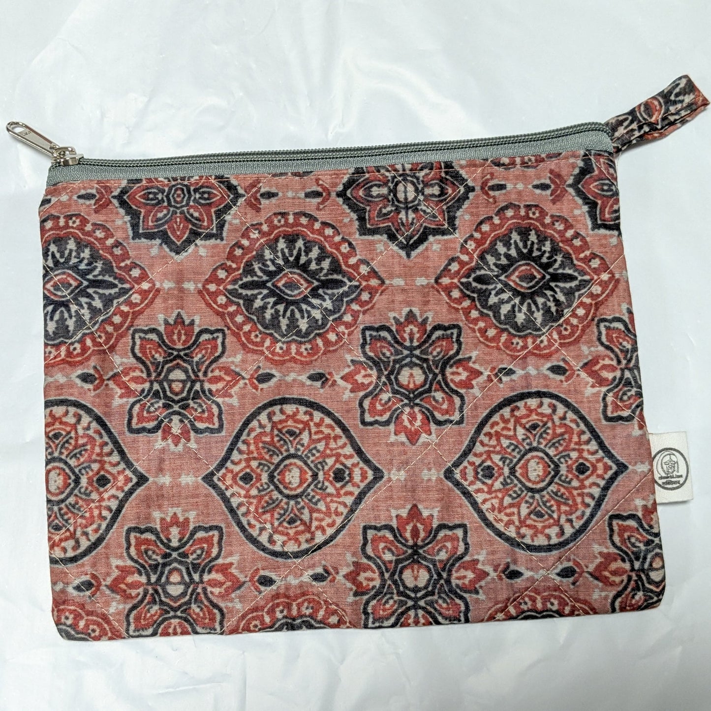 Quilted Sari Pouches: Burgundy Floral Pattern with Colourful Zipper