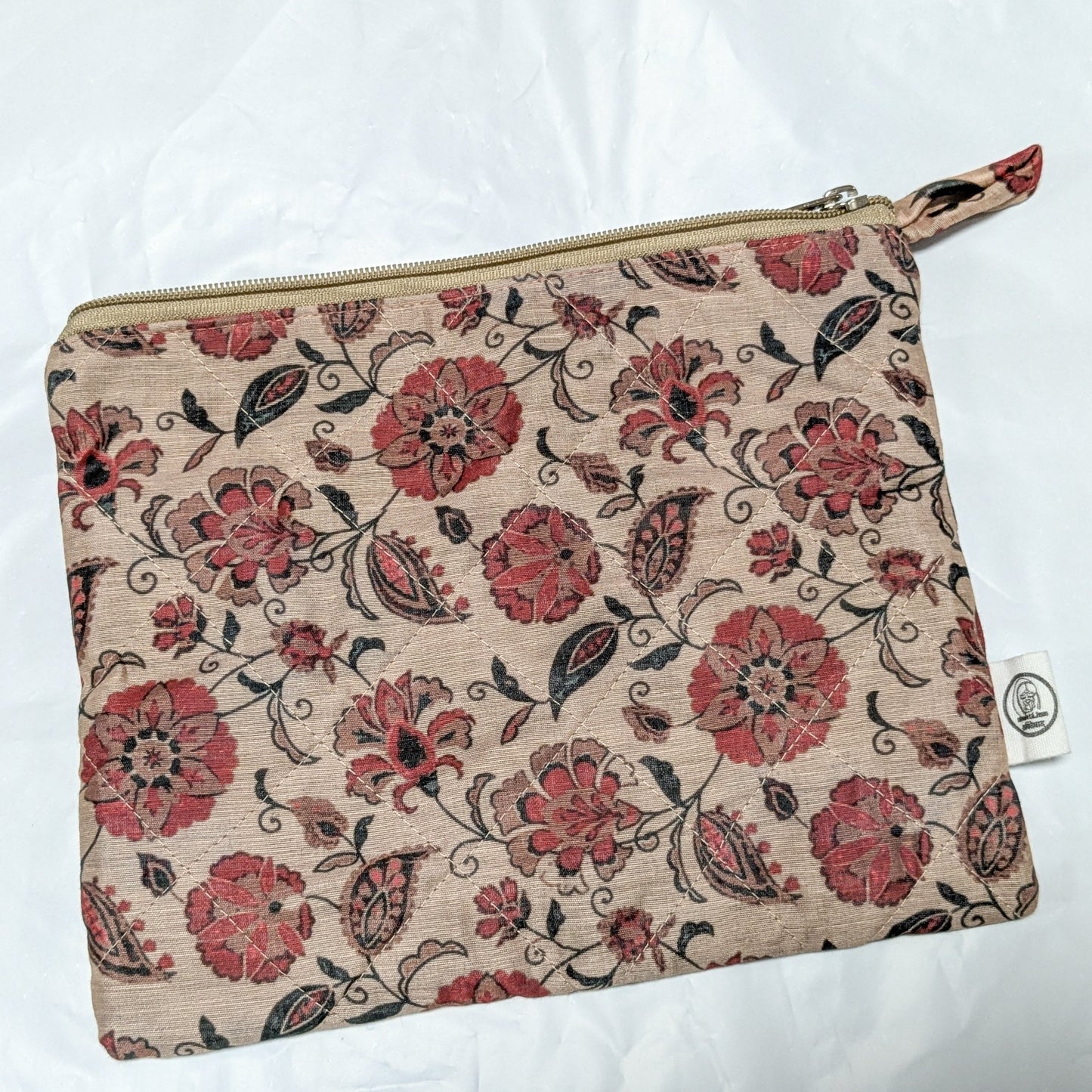 Quilted Sari Pouches: Burgundy Floral Pattern with Colourful Zipper