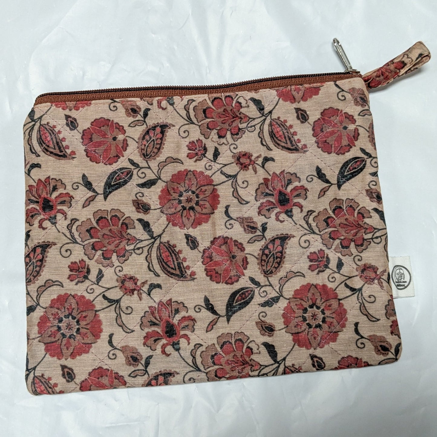 Quilted Sari Pouches: Burgundy Floral Pattern with Colourful Zipper