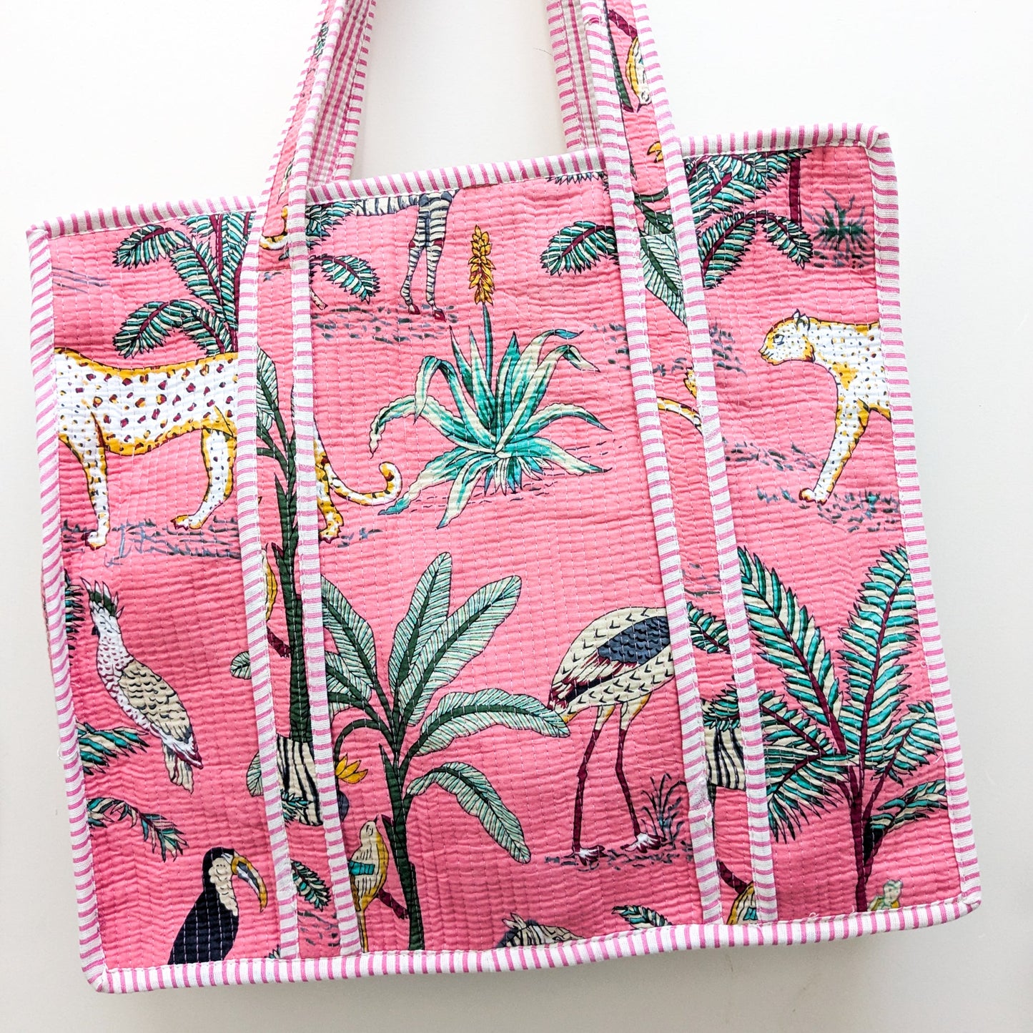 Quilted Market Tote Bags: Colourful Screen Printed Kantha Tote Bags, Ethically Handmade in India