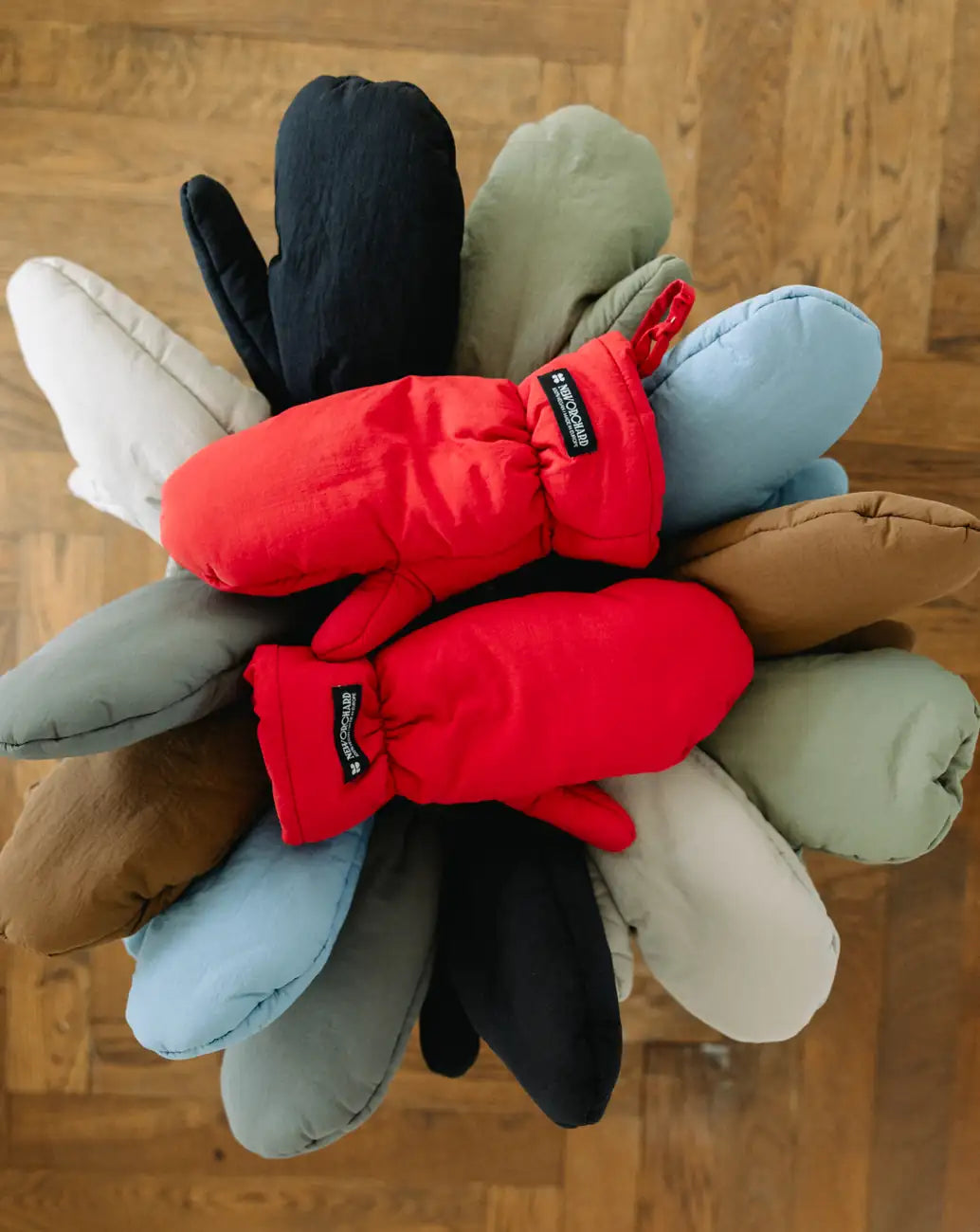 Red recycled winter mittens eco friendly cold weather gloves