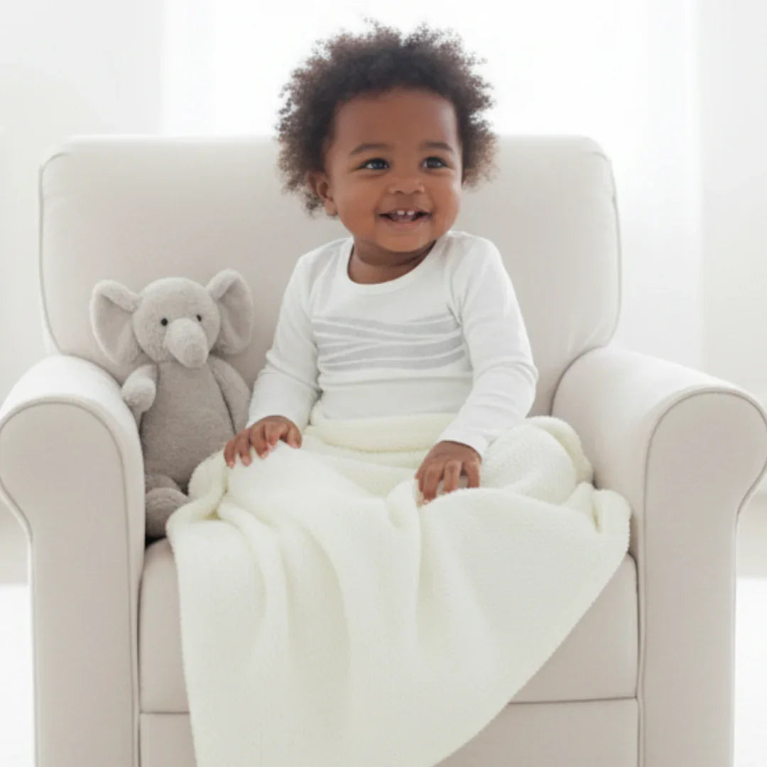 Child sitting on a white armchair with a soft toy, wearing a white breathing reassurance pajama top from Sleep of Mind