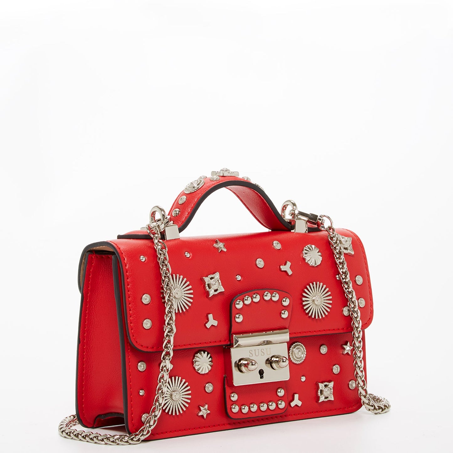 SUSU Studded Small Leather Crossbody Bag Red Purse  Women's Handbag