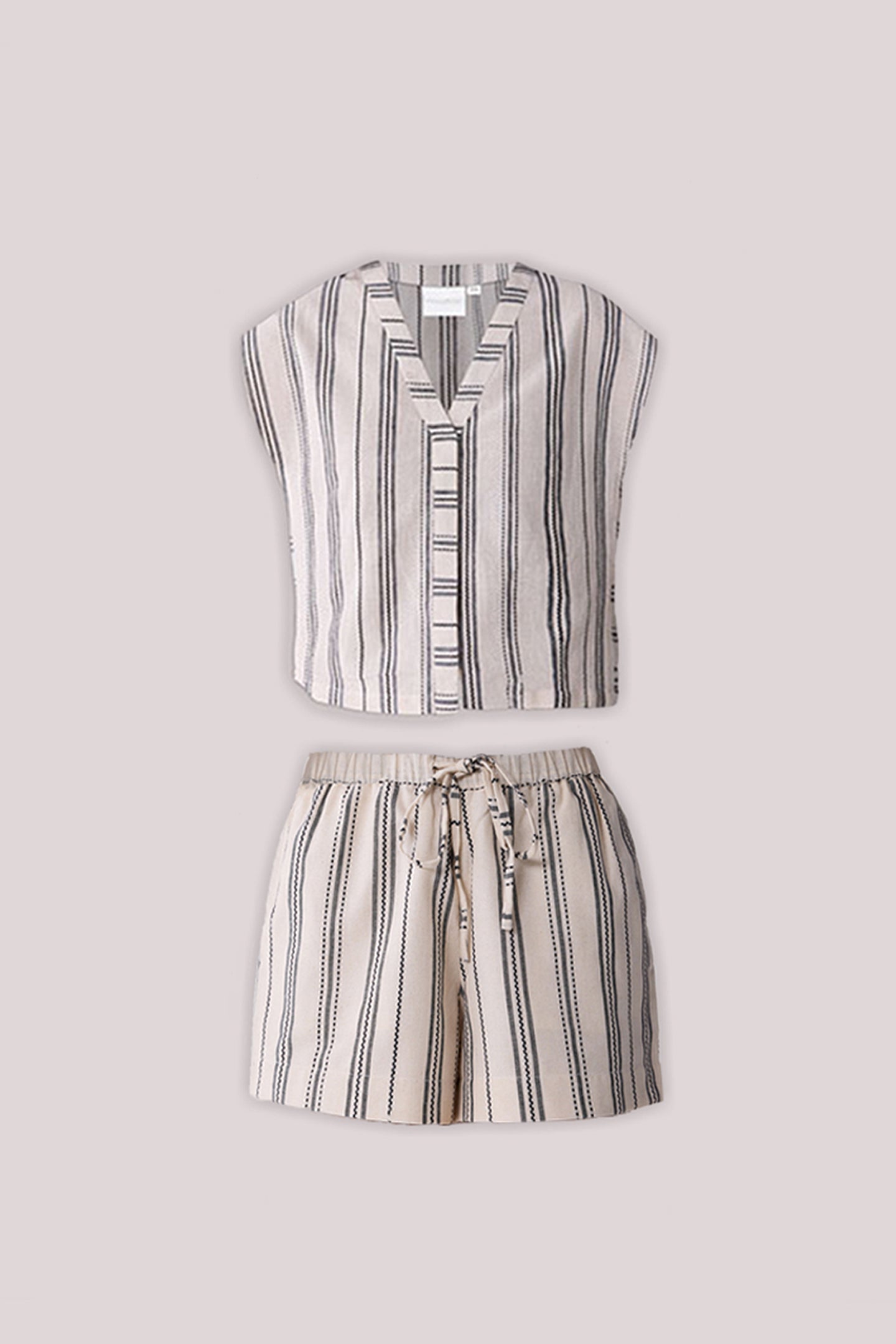 Striped sleeveless top and shorts set on a light gray background