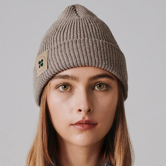 Sustainable beige beanie made from recycled materials