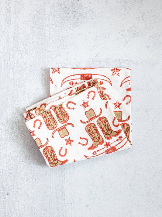 Tea Towel (Ivory) - Cowgirl Boots, Terracotta & Chai