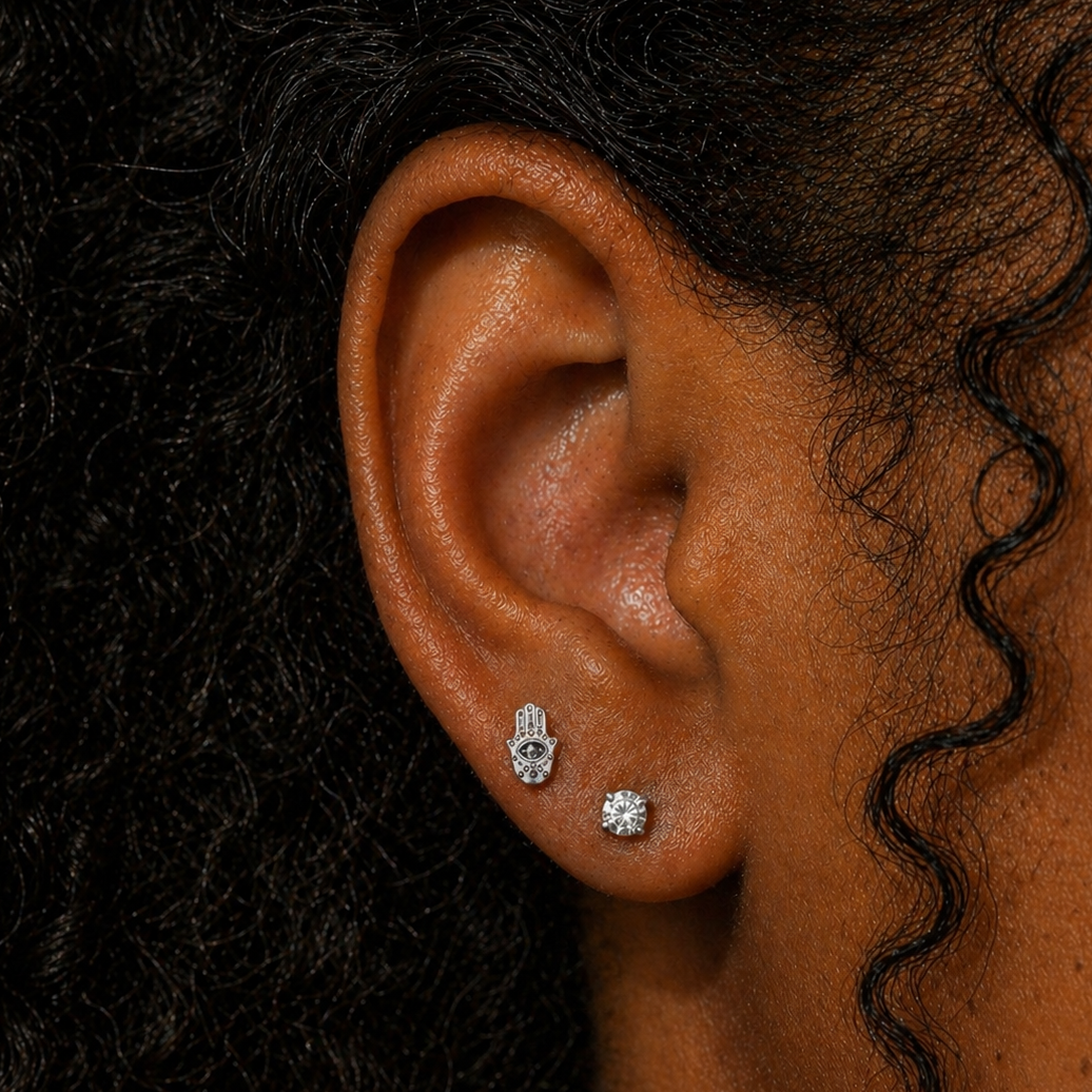 Evil Eye Protective Hamsa Hand Threadless Labret Titanium Flat Back Earring
