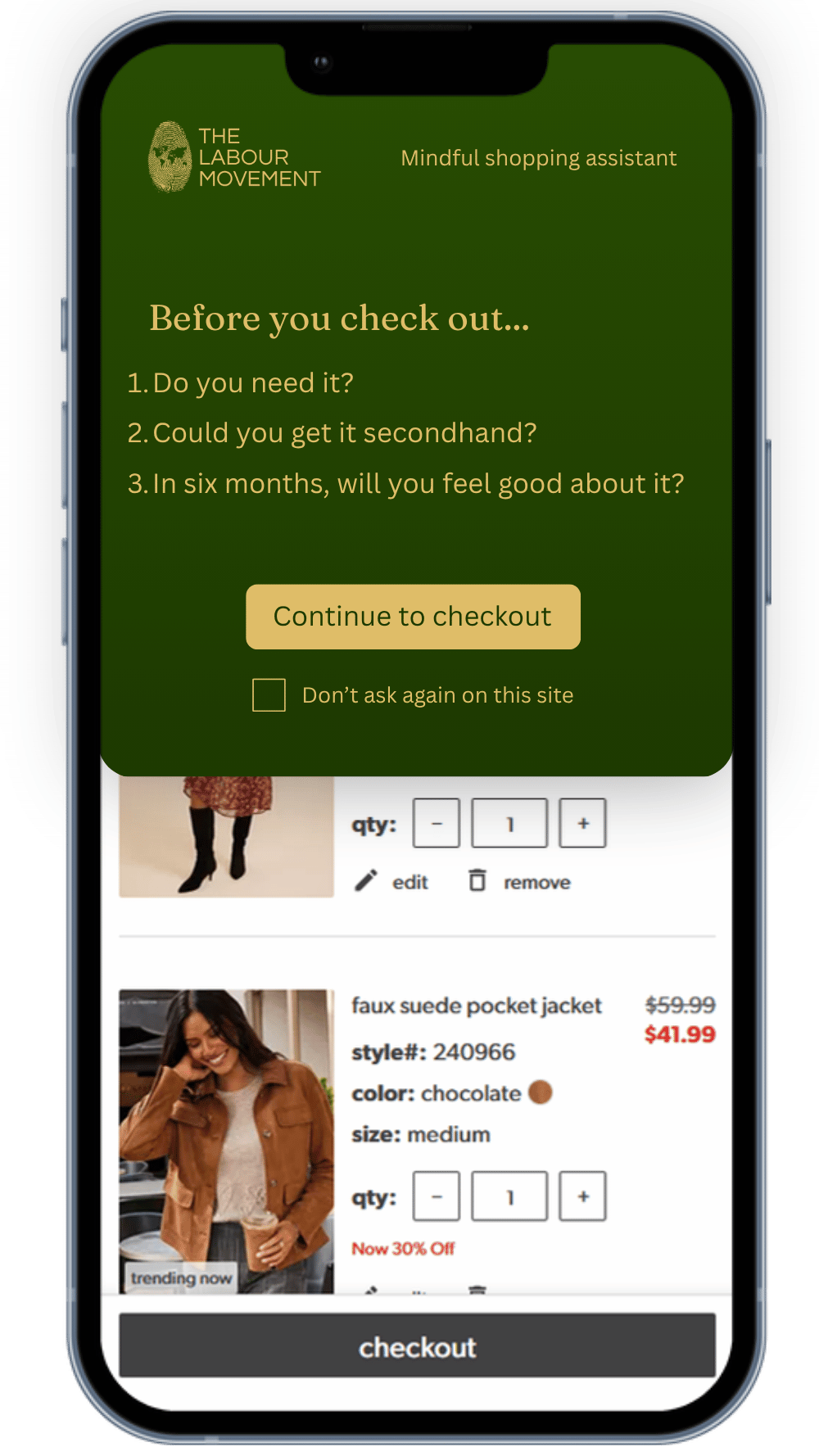The Mindful Shopping Assistant on a phone at checkout, asking: Do you need it? Could you get it secondhand? In six months, will you feel good about it?