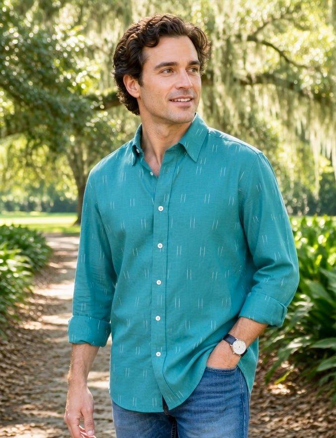 Turquoise Ikat Men's Organic Cotton Button Down Shirt