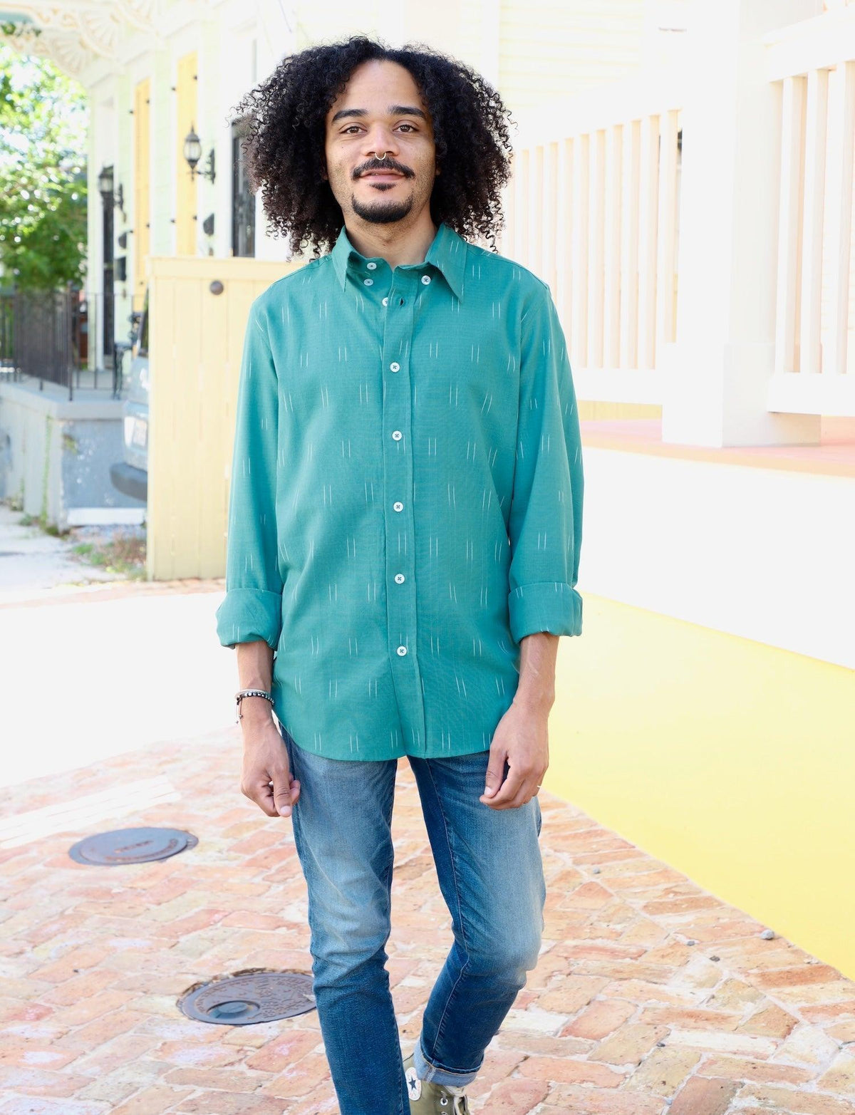 Turquoise Ikat Men's Organic Cotton Button Down Shirt