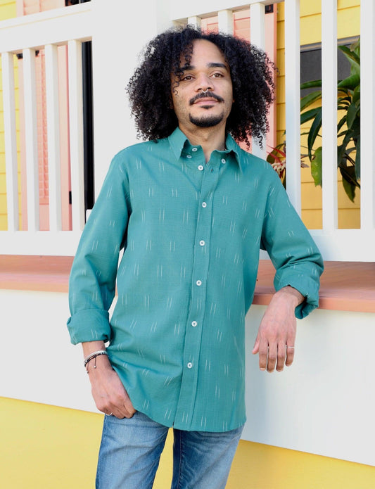 Turquoise Ikat Men's Organic Cotton Button Down Shirt