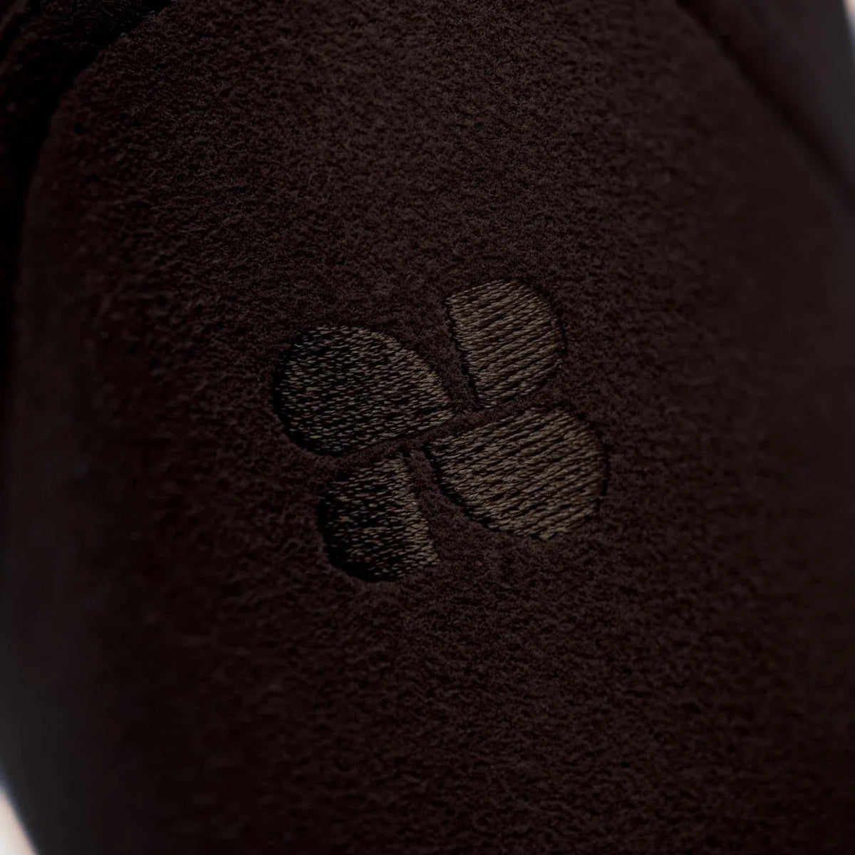 Vegan suede-look chocolate brown boots with black faux fur
