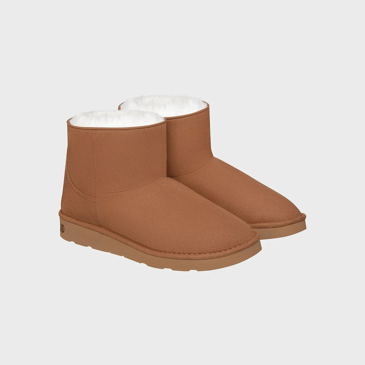 Vegan ugg-like ankle boots in caramel brown faux suede