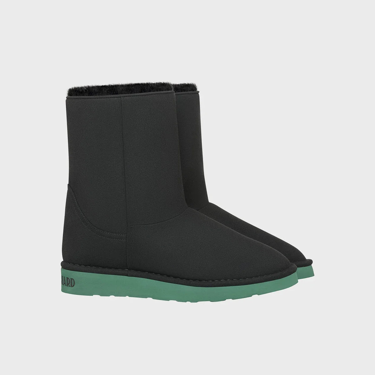 Vegan ugg-like boots in black with green sole – cruelty-free and unique