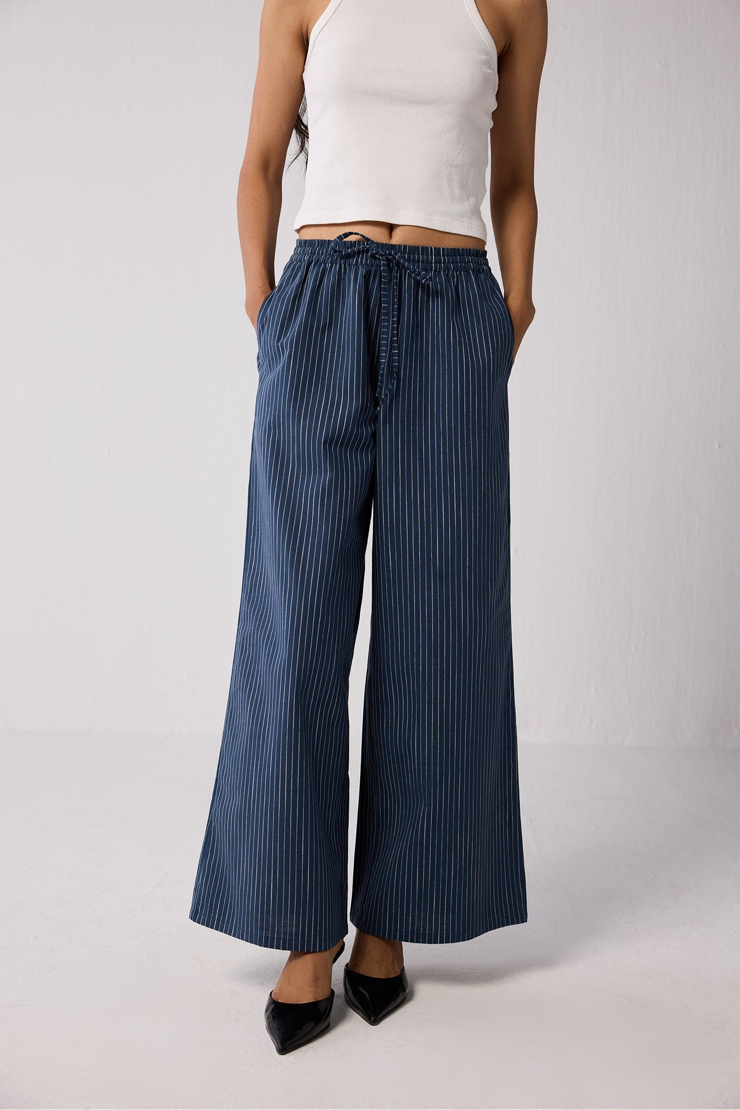 Weekday Blazer and Wide-leg Drawstring Pants Set in Blue Stripes