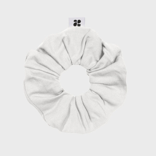 White upcycled vegan scrunchie sustainable recycled hair tie