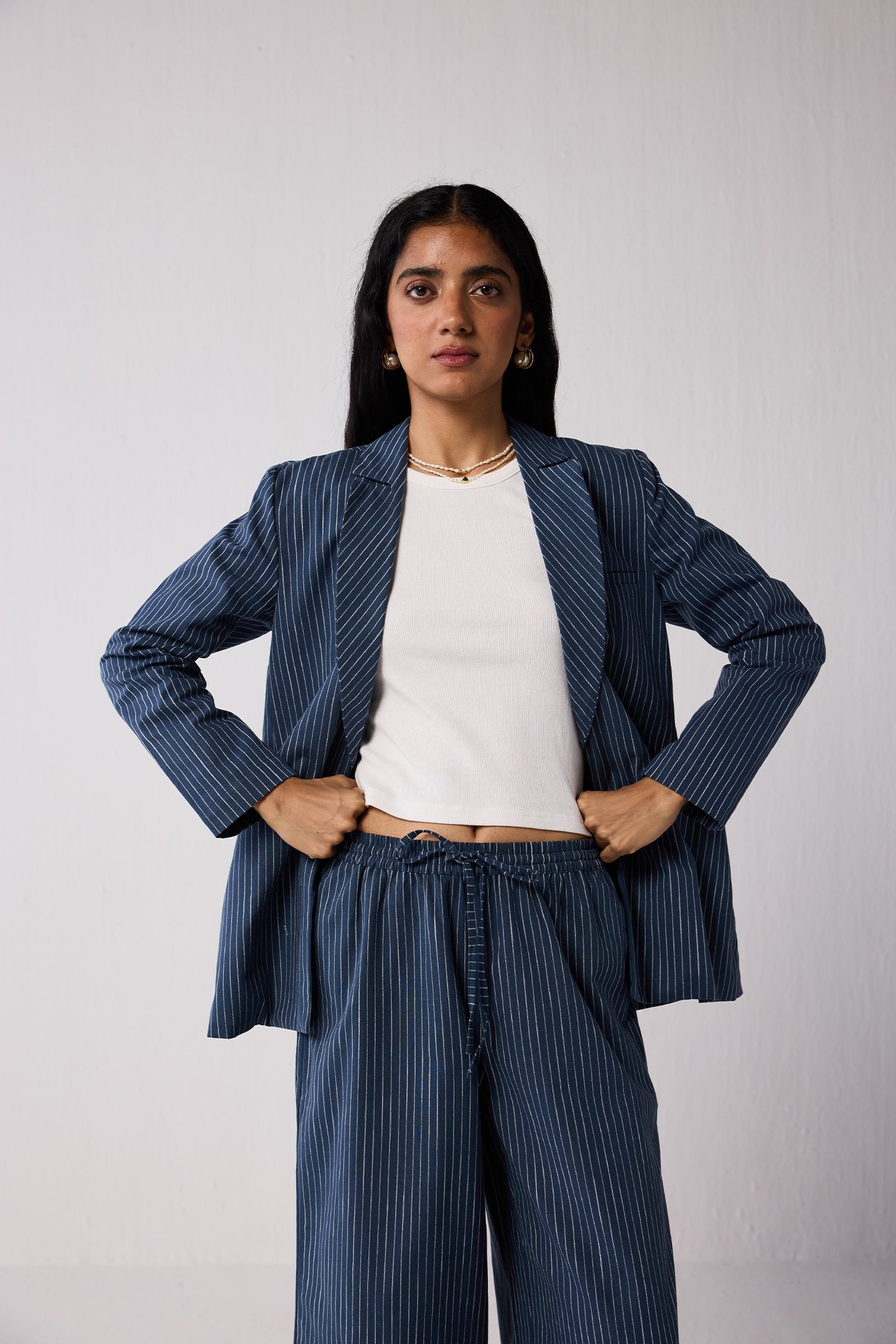 Wide-leg Drawstring Pants with Navy and White Stripes in Blue