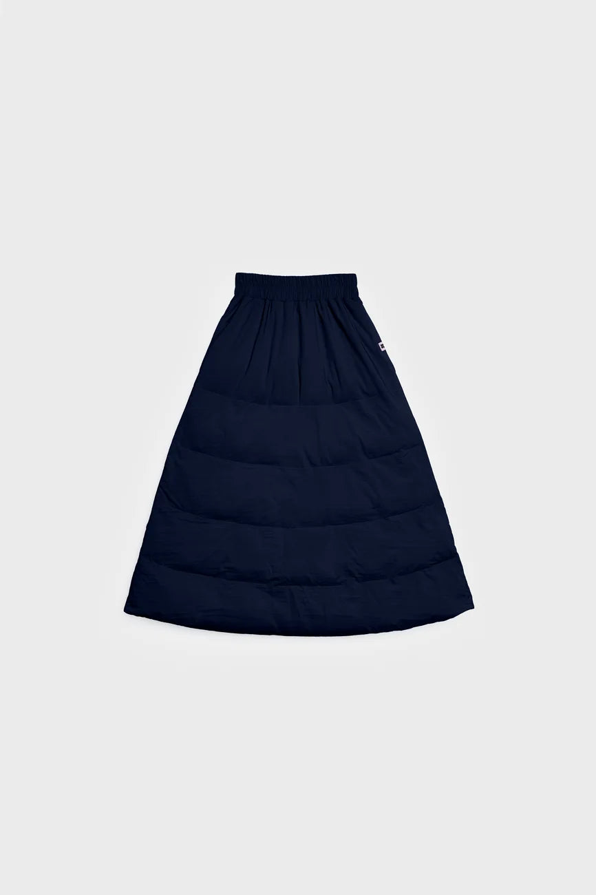 Navy blue quilted skirt with elastic waistband made from vegan recycled materials. - The New Orchard - Navy Blue / S