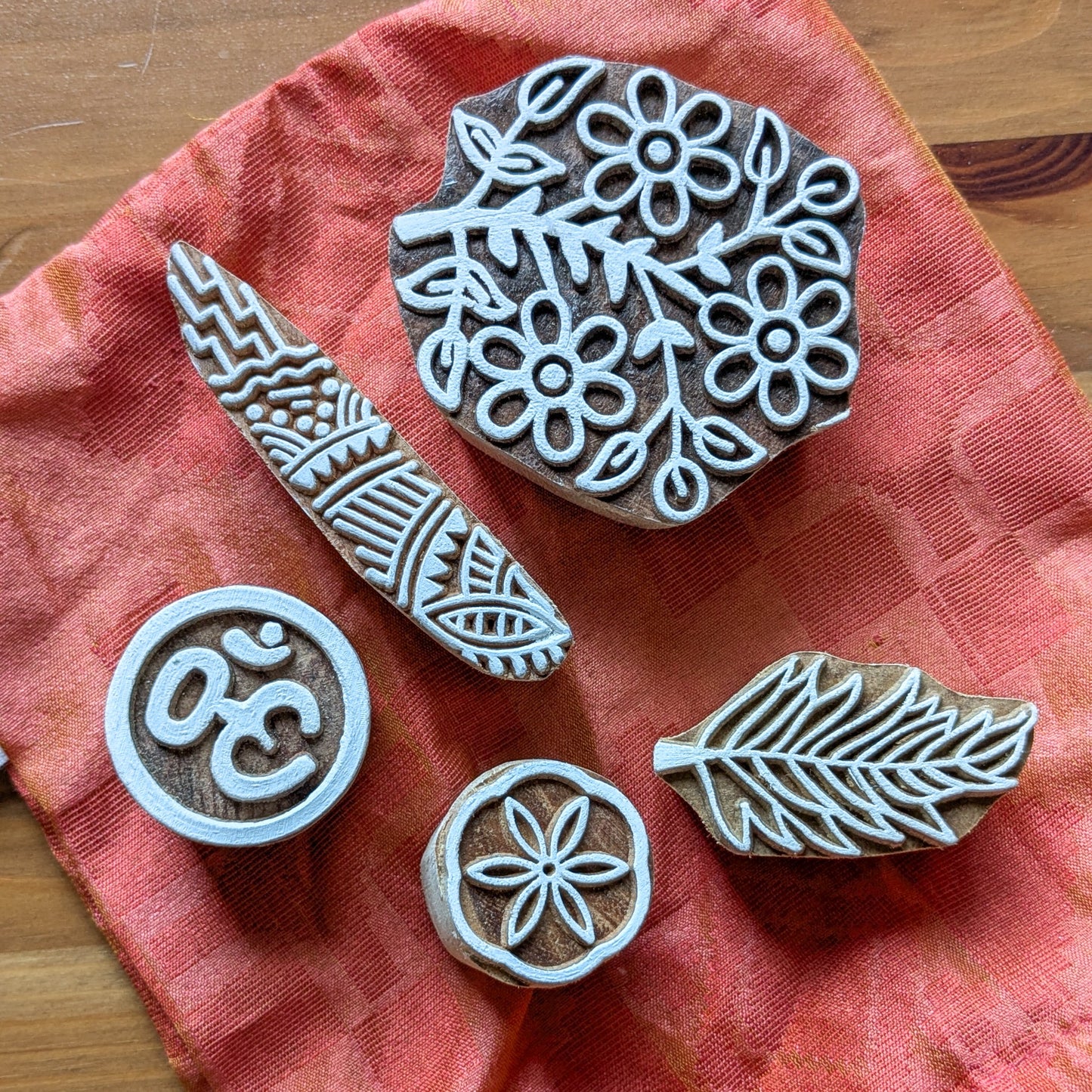 Handmade Wooden Printing Blocks Set of 5: Indian Block Print Stamps in Sari Bag