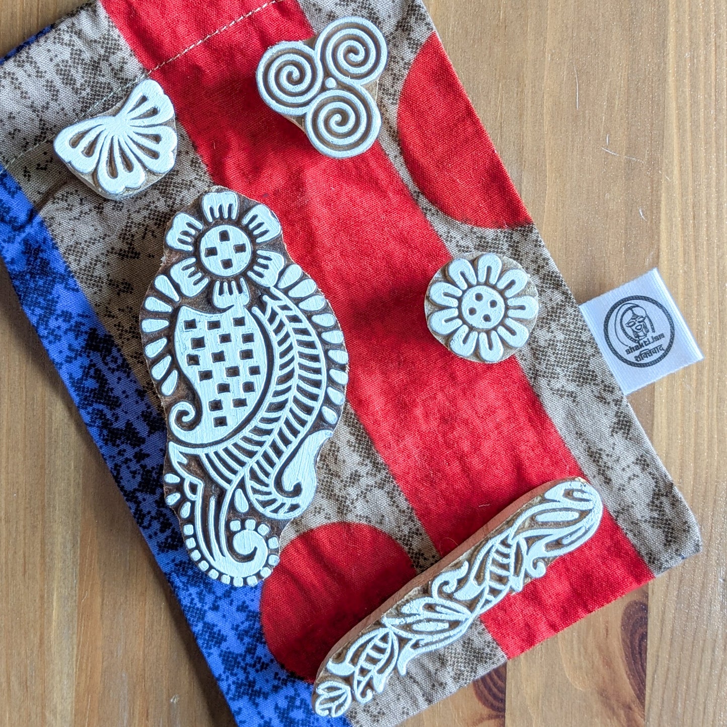 Handmade Wooden Printing Blocks Set of 5: Indian Block Print Stamps in Sari Bag
