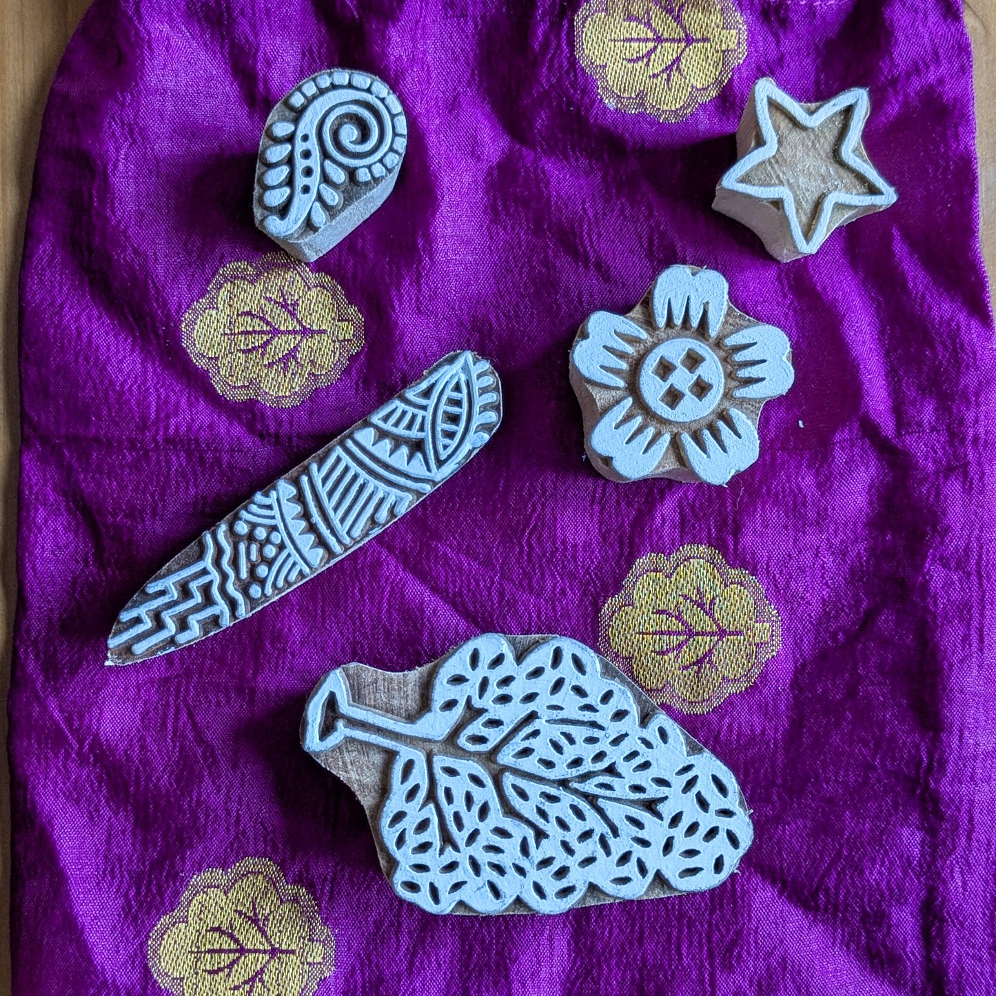 Handmade Wooden Printing Blocks Set of 5: Indian Block Print Stamps in Sari Bag