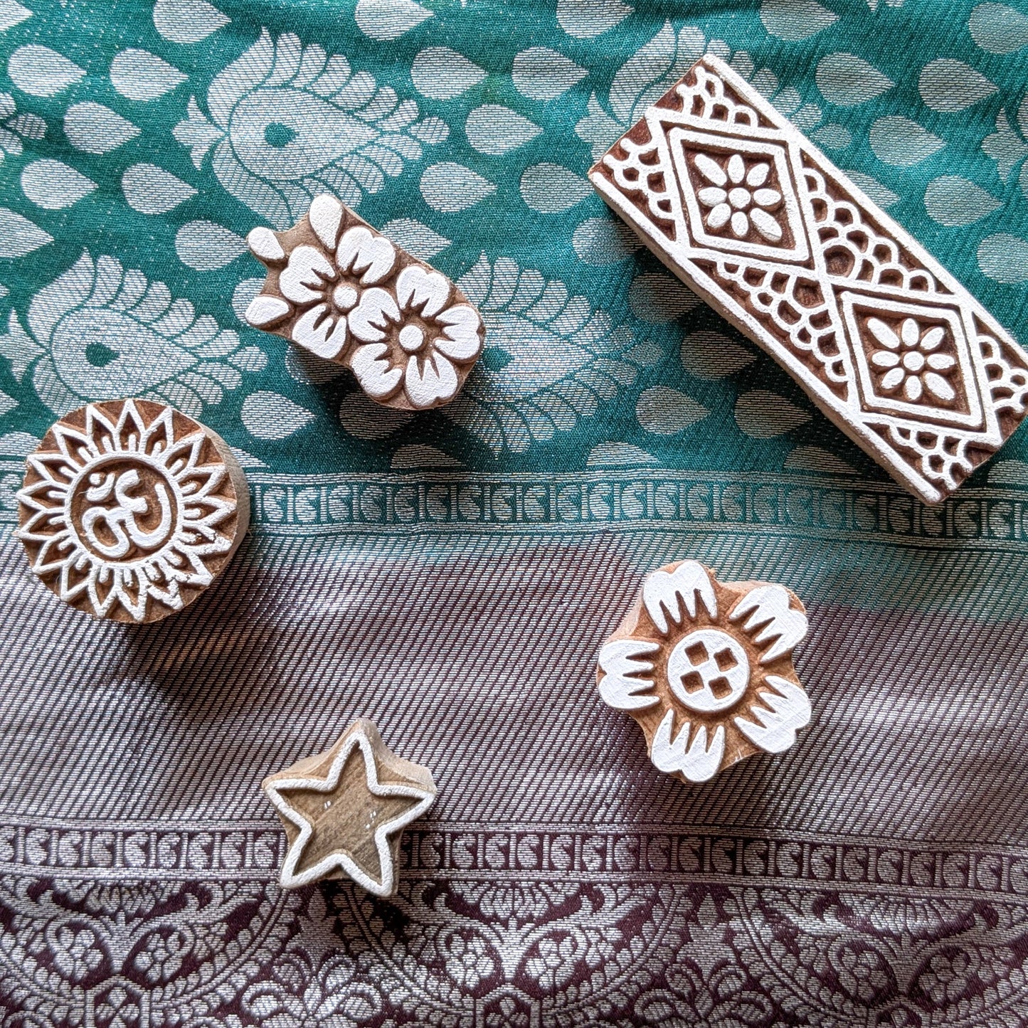 Handmade Wooden Printing Blocks Set of 5: Indian Block Print Stamps in Sari Bag