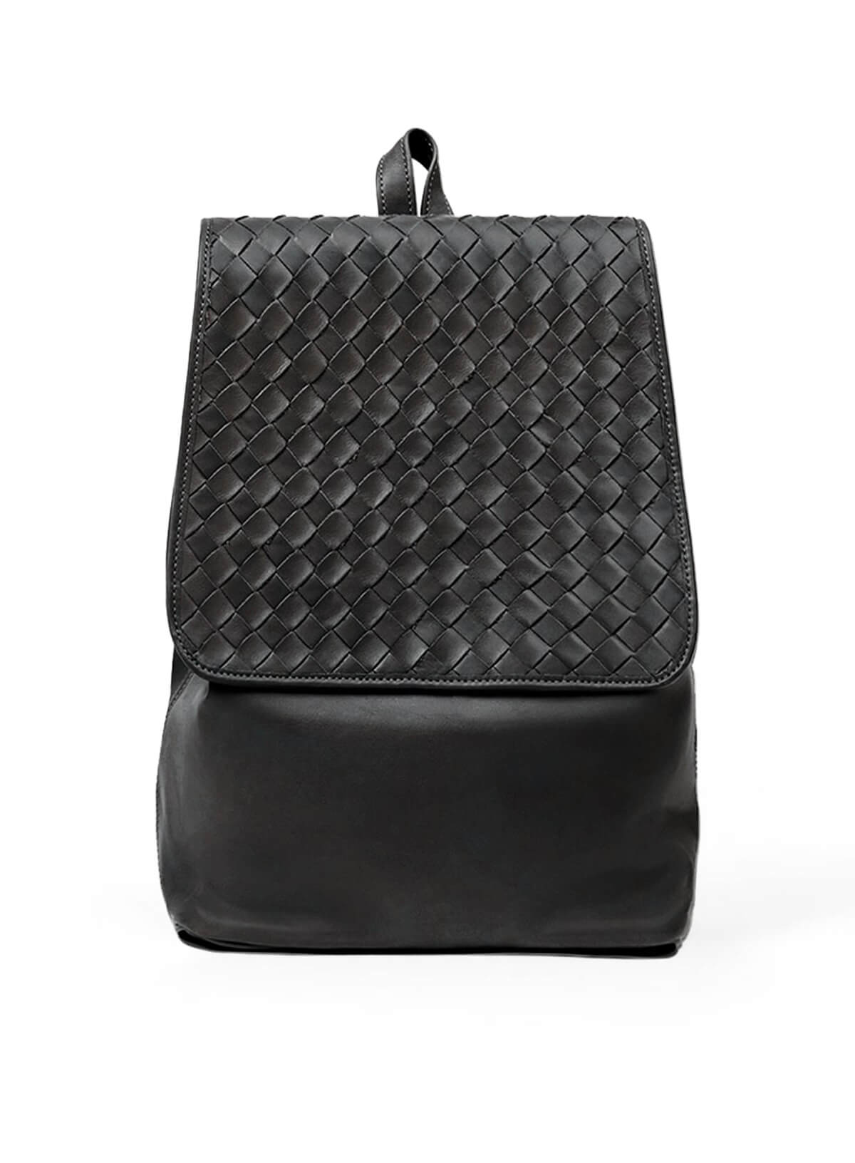 Black woven backpack on a white background