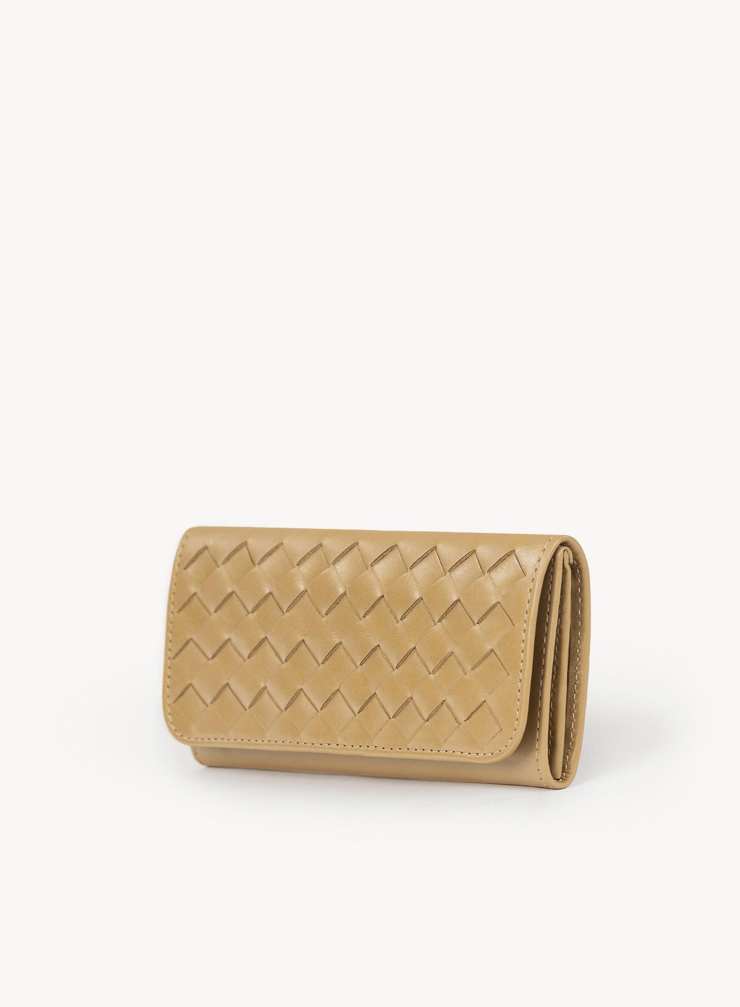 Butter yellow wallet with woven pattern on a white background