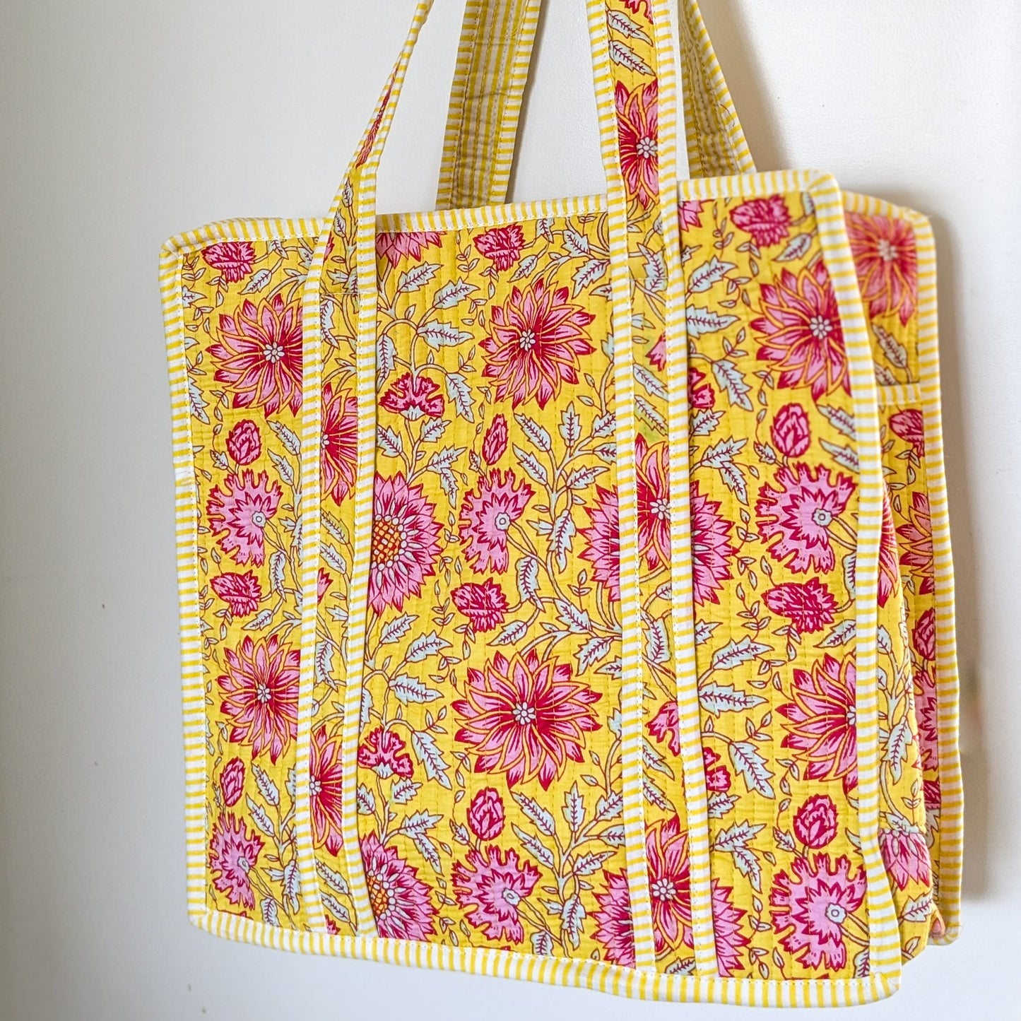 Quilted Market Tote Bags: Colourful Screen Printed Kantha Tote Bags, Ethically Handmade in India