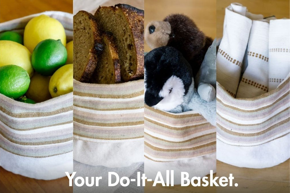 Collage of a woven basket with various items including fruits, bread, a toy, and folded towels.
